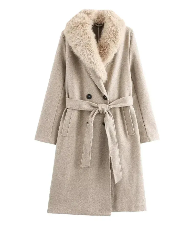 Classy high quality Faux Fur Lapel Collar Long Sleeves Belted peacoat trench coat