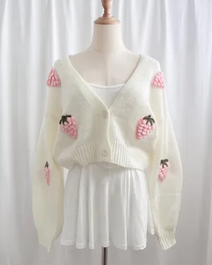 Clementine Chunky Embroidered 3D Strawberry Cardigan