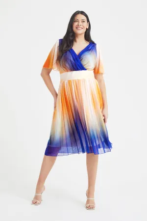 Cleo Ivory Orange Blue Print Knife Pleated Skirt Midi Dress