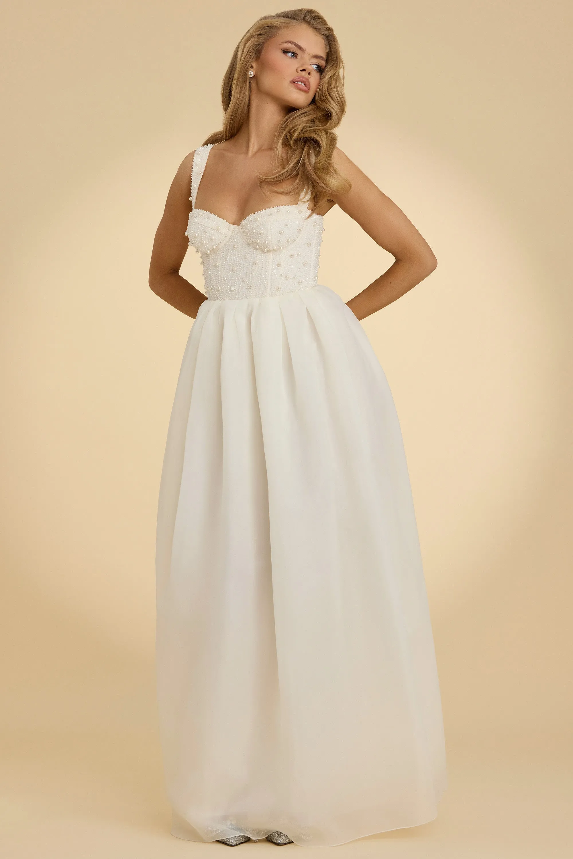 Corset Organza Maxi Dress in White