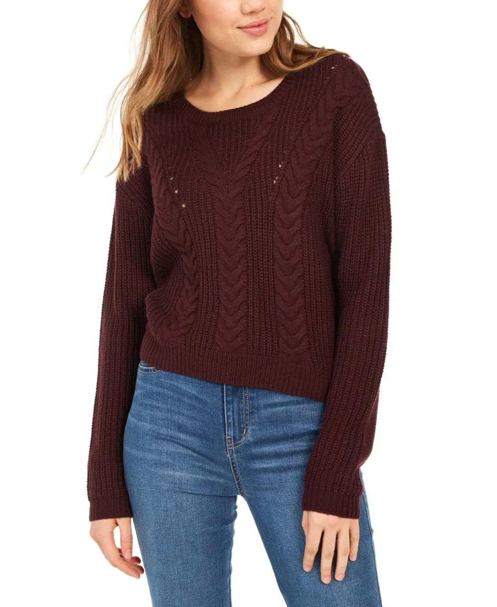 Crave Fame Women's Lace Up Back Cable Sweater Wine Size X-Small