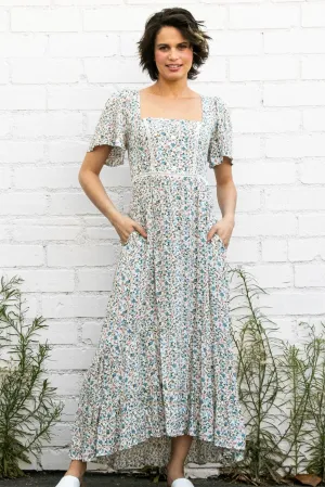 Cream Flutter Sleeve Floral Flowy Maxi Dress