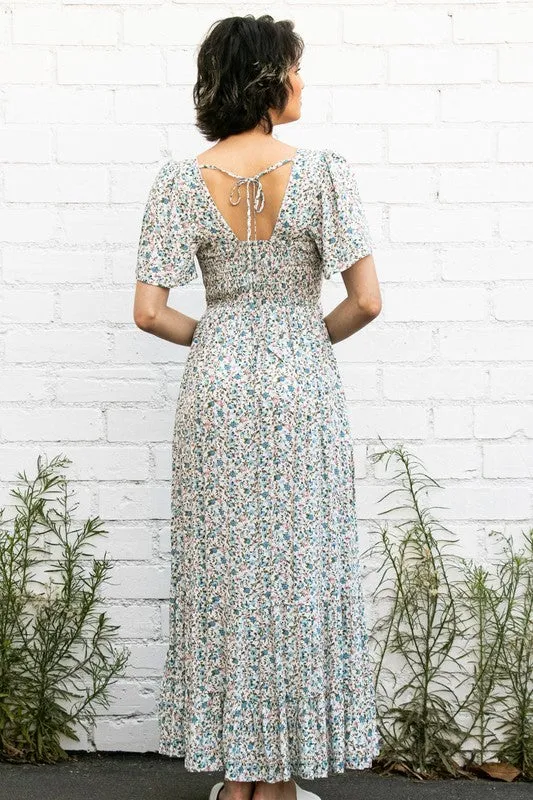 Cream Flutter Sleeve Floral Flowy Maxi Dress