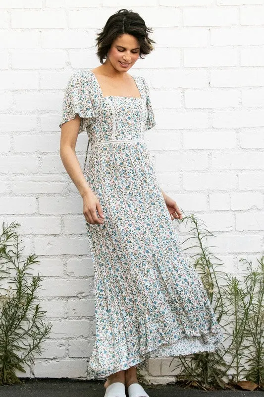 Cream Flutter Sleeve Floral Flowy Maxi Dress