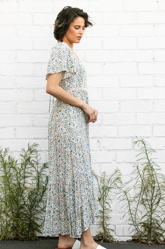 Cream Flutter Sleeve Floral Flowy Maxi Dress