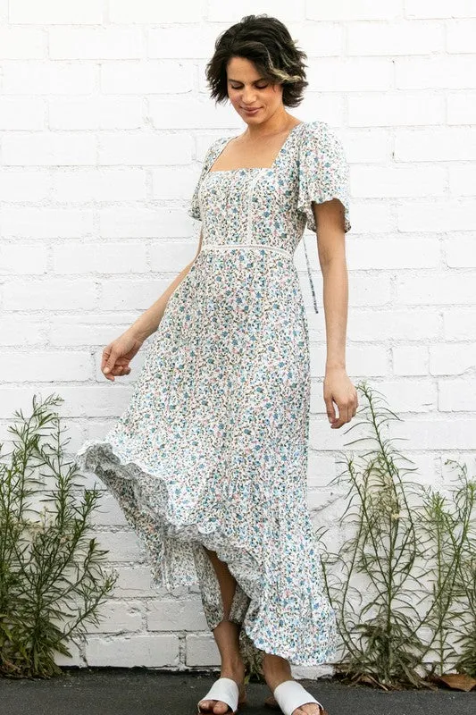 Cream Flutter Sleeve Floral Flowy Maxi Dress