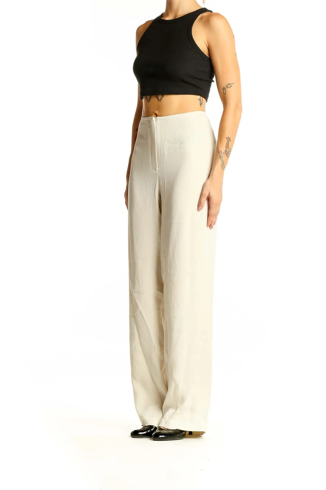 Cream Wide-Leg Flowy Pants