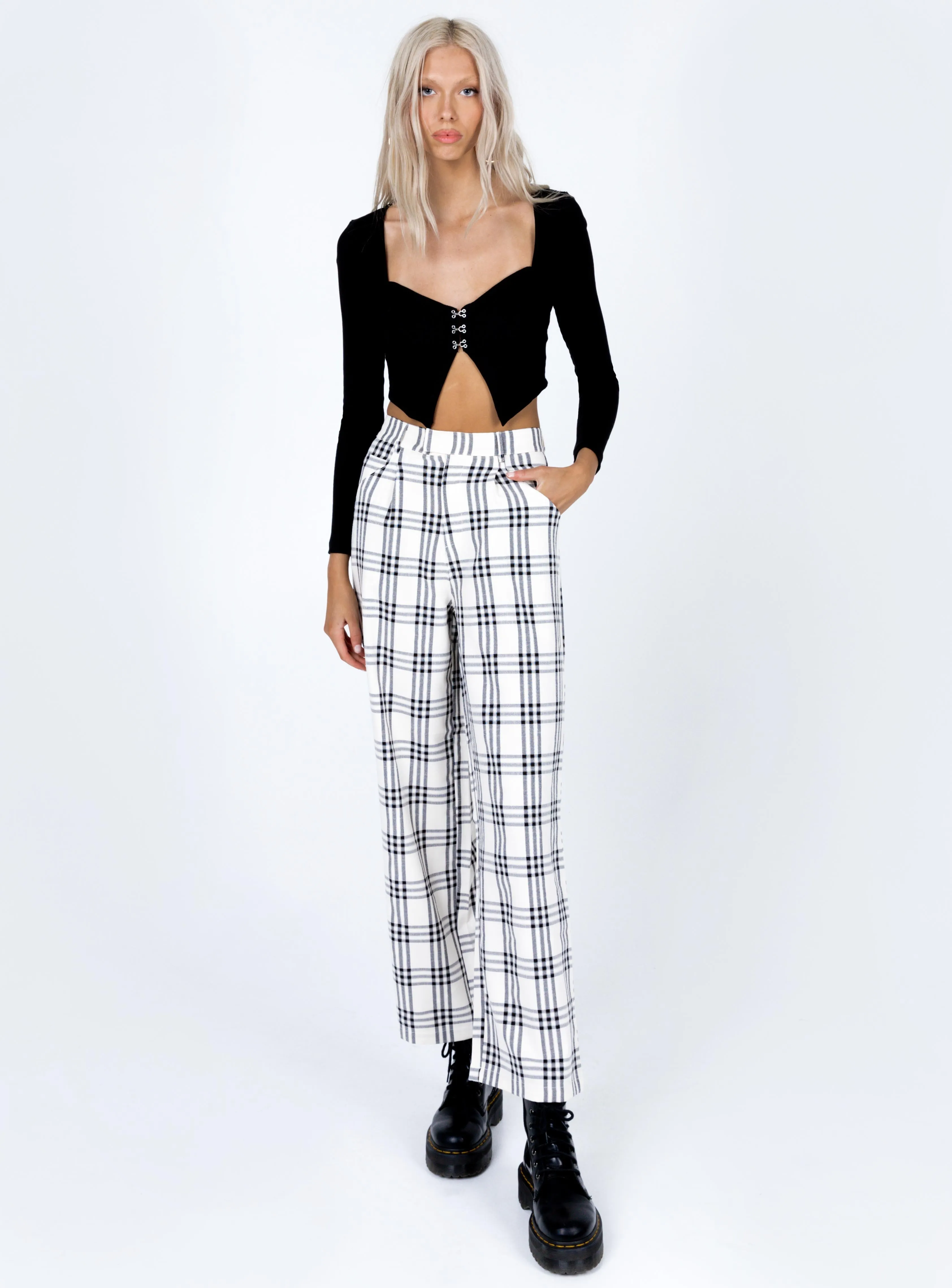 Declan Checked Wide Leg Pants White