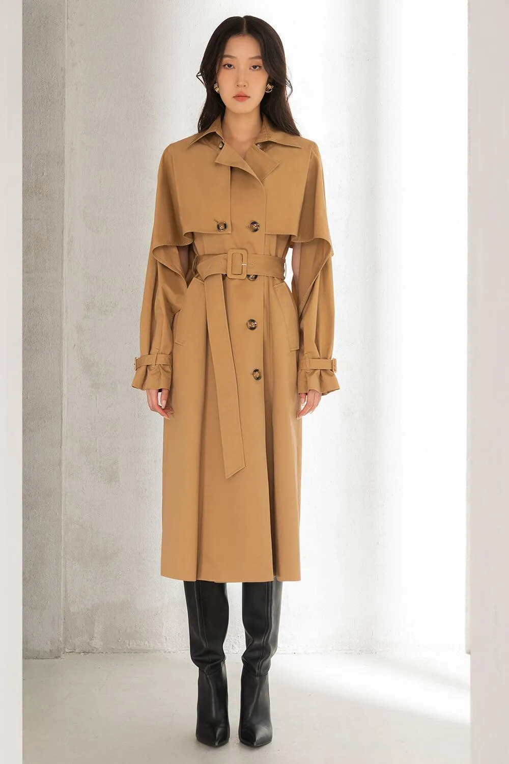 Delilah Straight Double Breasted Khaki Calf Length Trench Coat