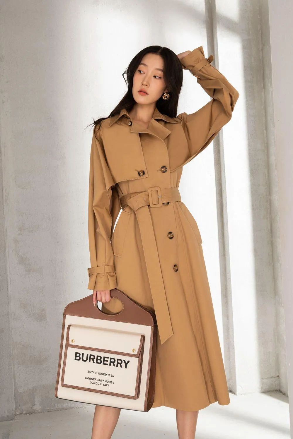 Delilah Straight Double Breasted Khaki Calf Length Trench Coat