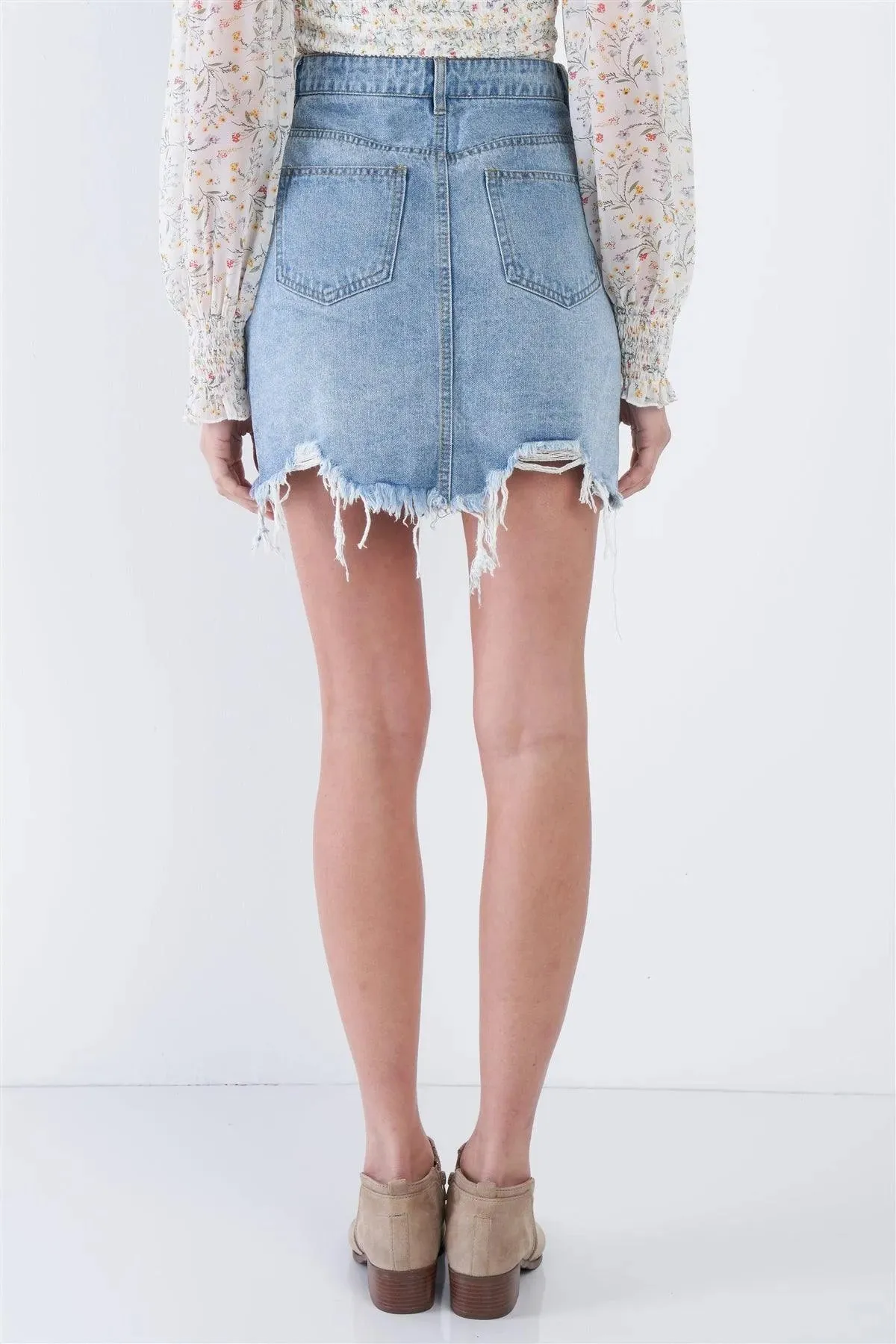 Denim Blue Front Zipper Shark Bite Raw Hem Mini Skirt  /4-2-1