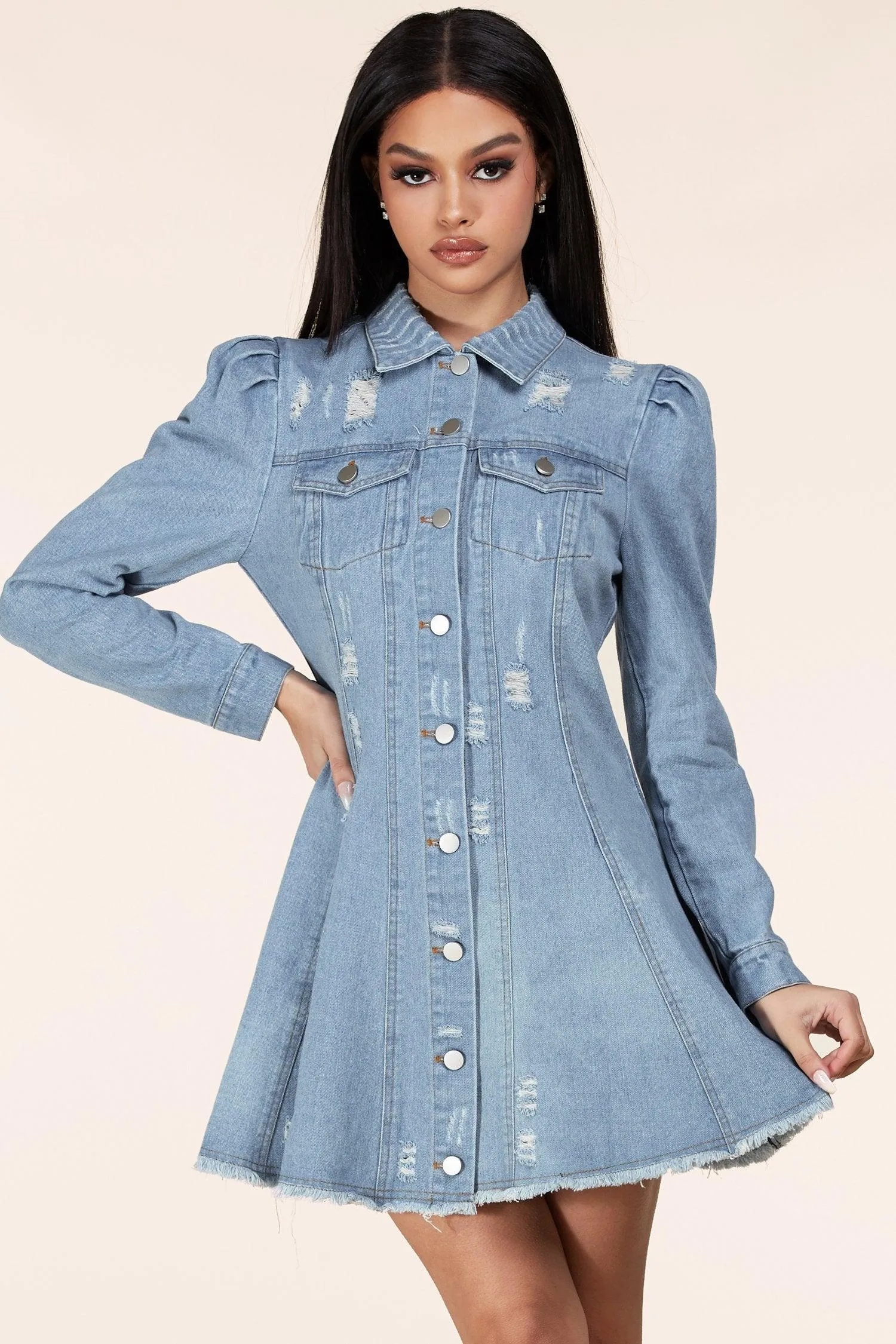 DENIM DISTRESSED MINI DRESS