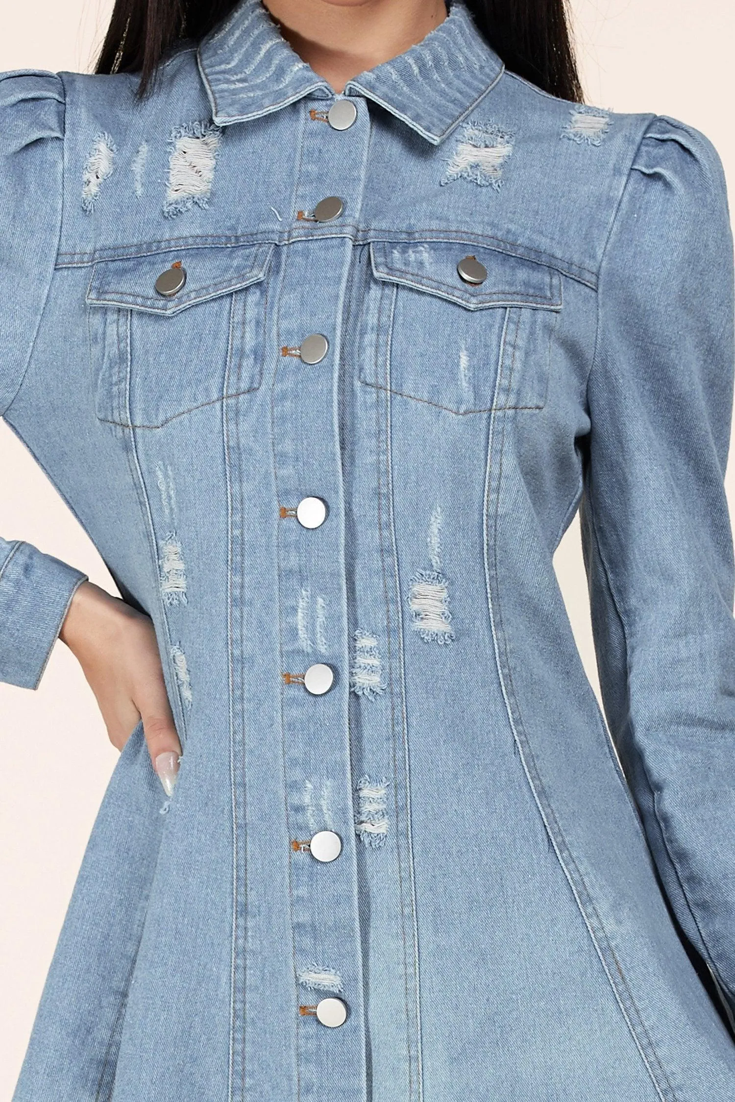 DENIM DISTRESSED MINI DRESS