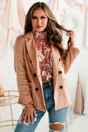 Dignified Demeanor Faux Suede Double-Breasted Oversized Jacket (Blush)