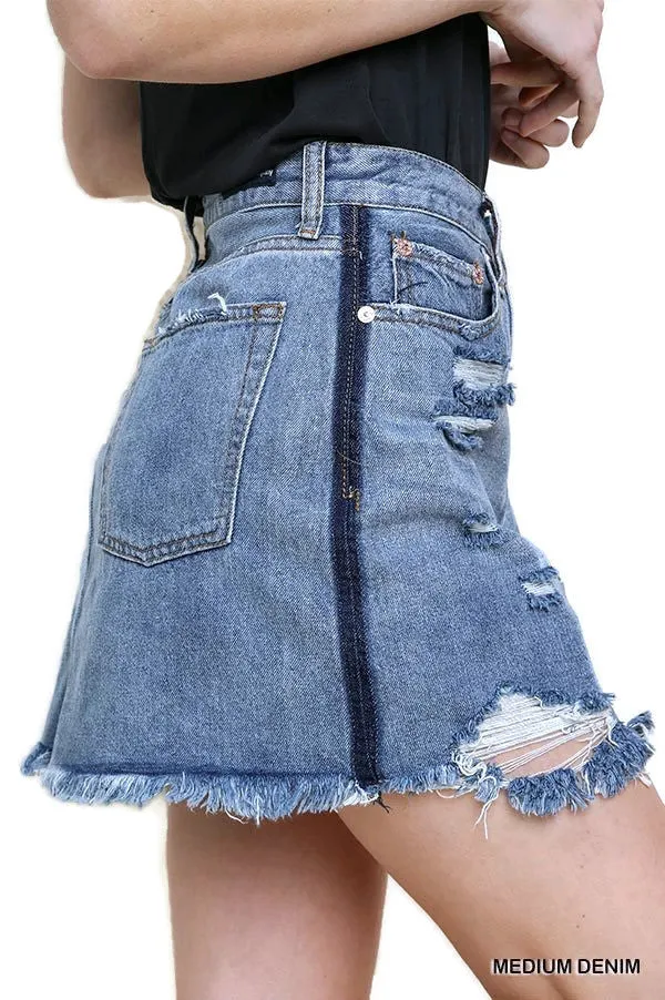 Distressed Denim Mini Skirt, Medium Wash