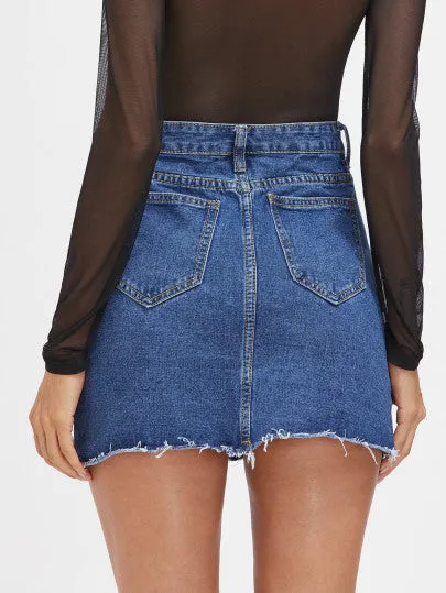 Distressed fishnet distressed cutout mini denim skirt