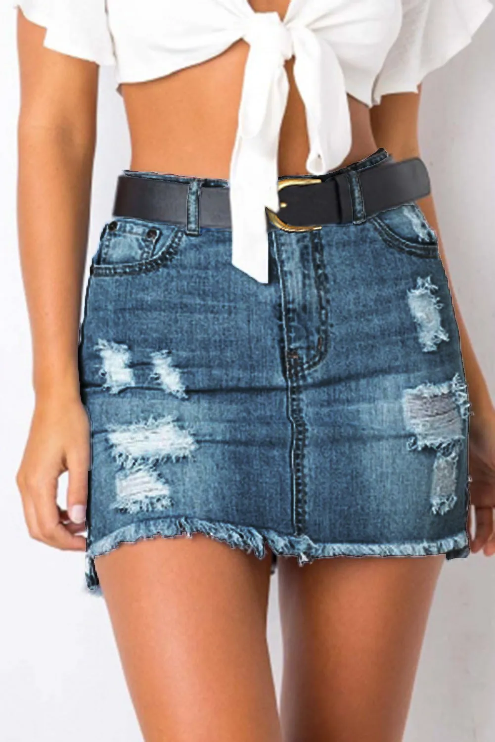 Distressed Raw Hem Denim Mini Skirt