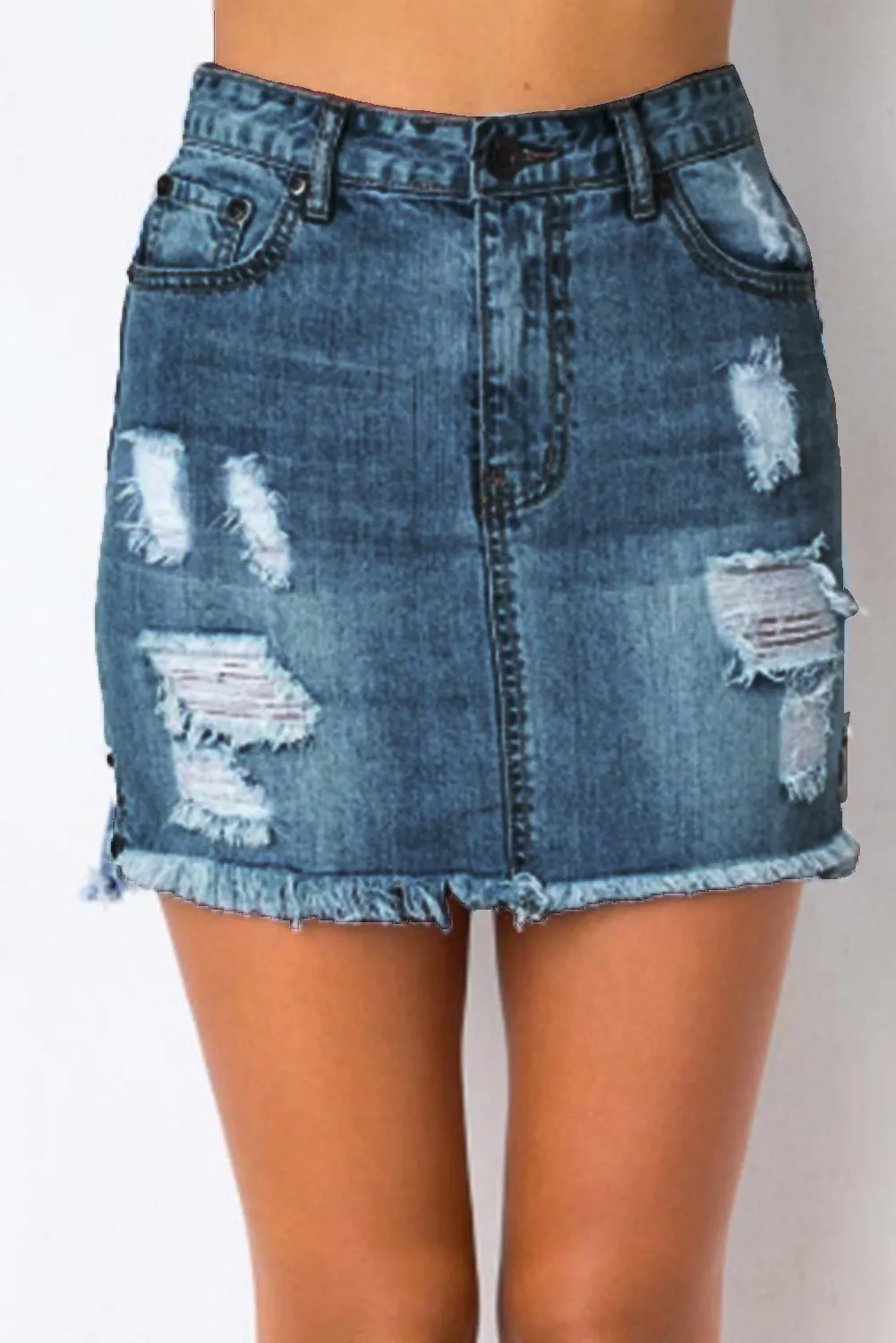 Distressed Raw Hem Denim Mini Skirt