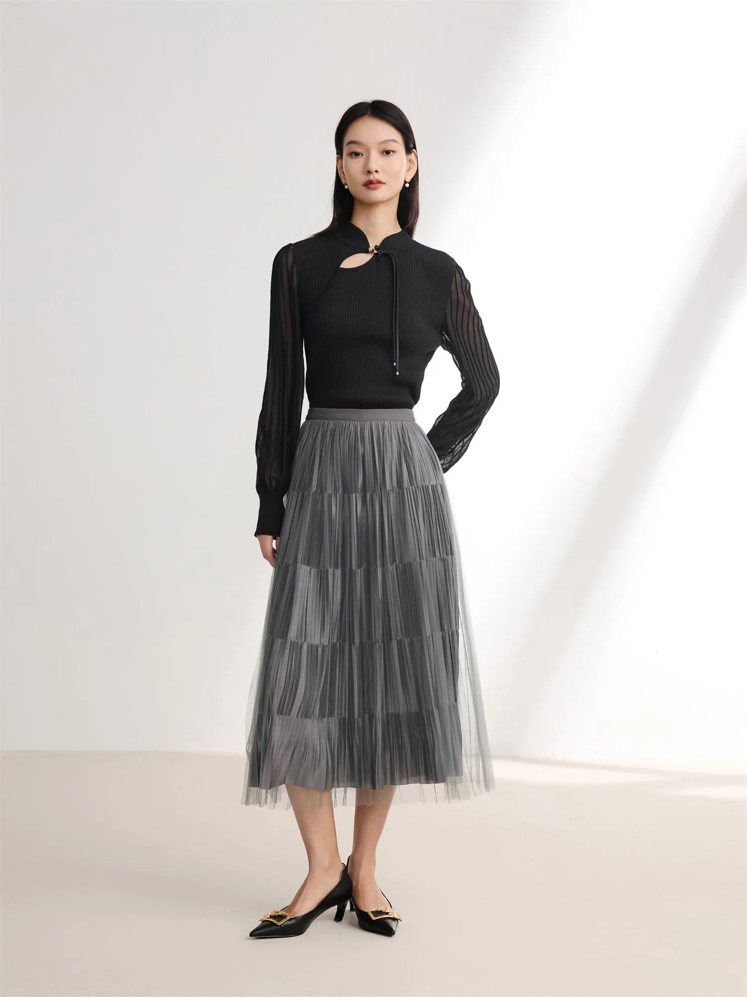 EP YAYING High-Waisted Tulle Midi Skirt