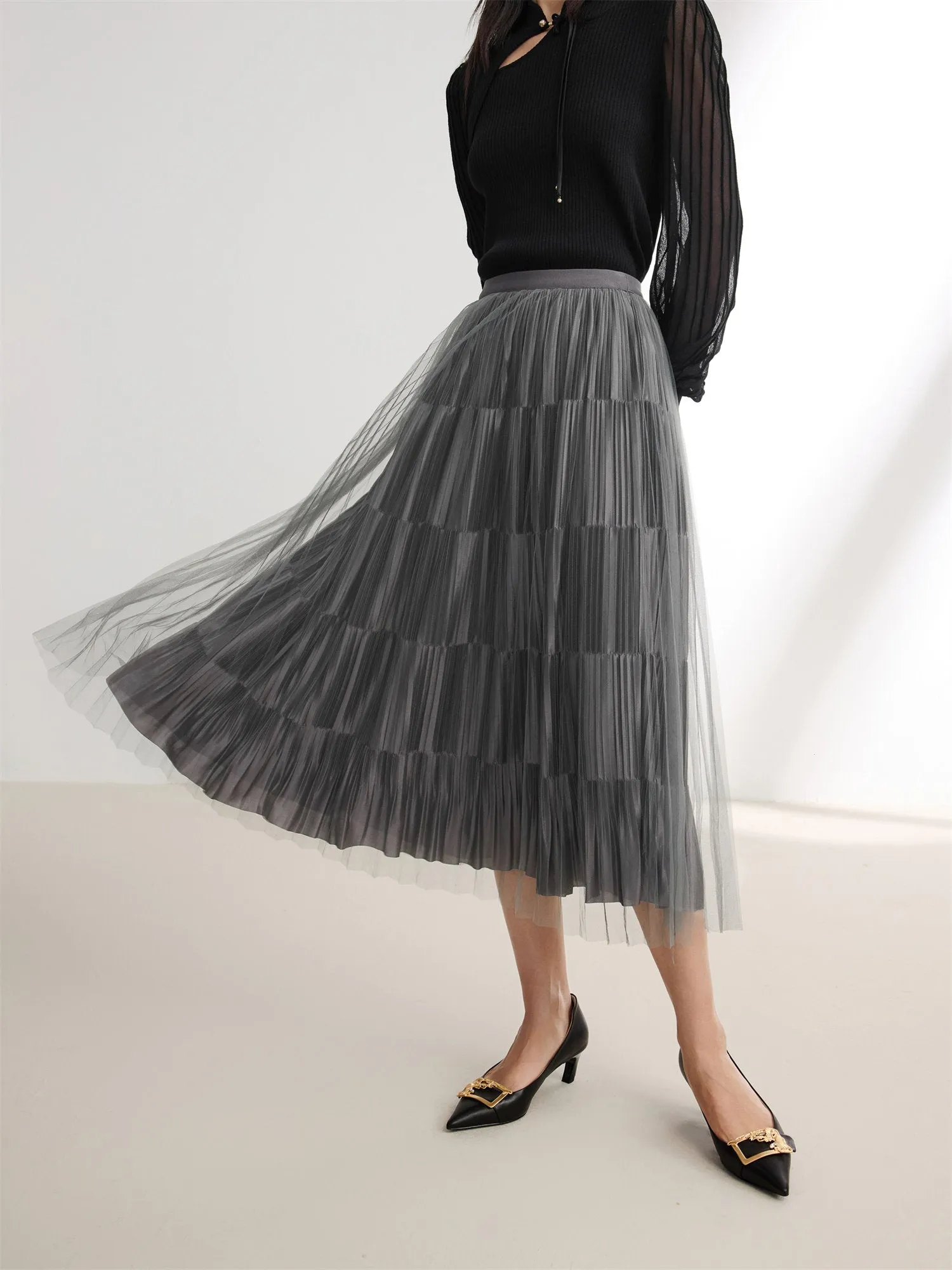 EP YAYING High-Waisted Tulle Midi Skirt