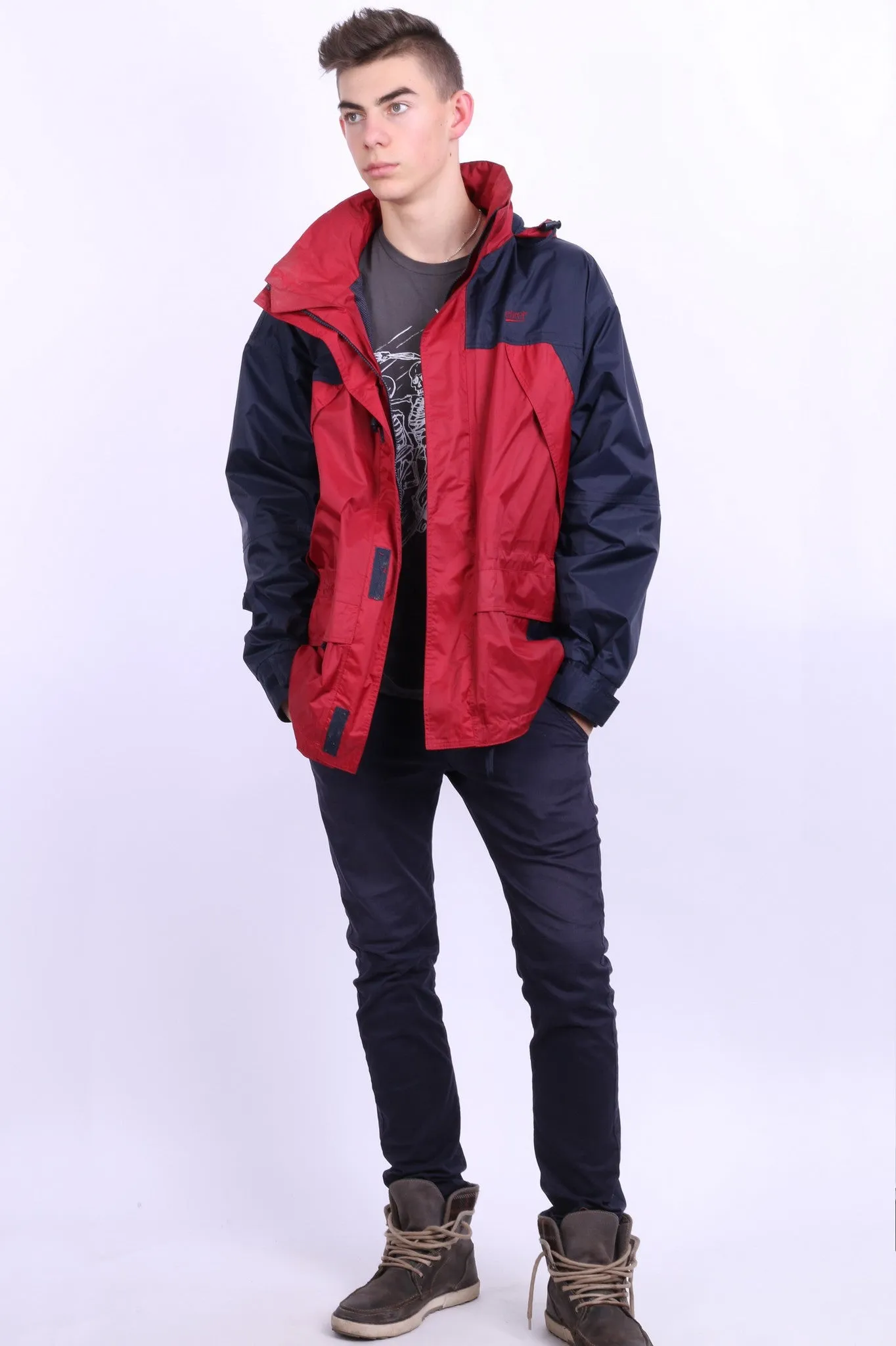 Etirel Mens M Jacket Parka Hood Red Waterproof Nylon Navy Blue Vintage Track Top