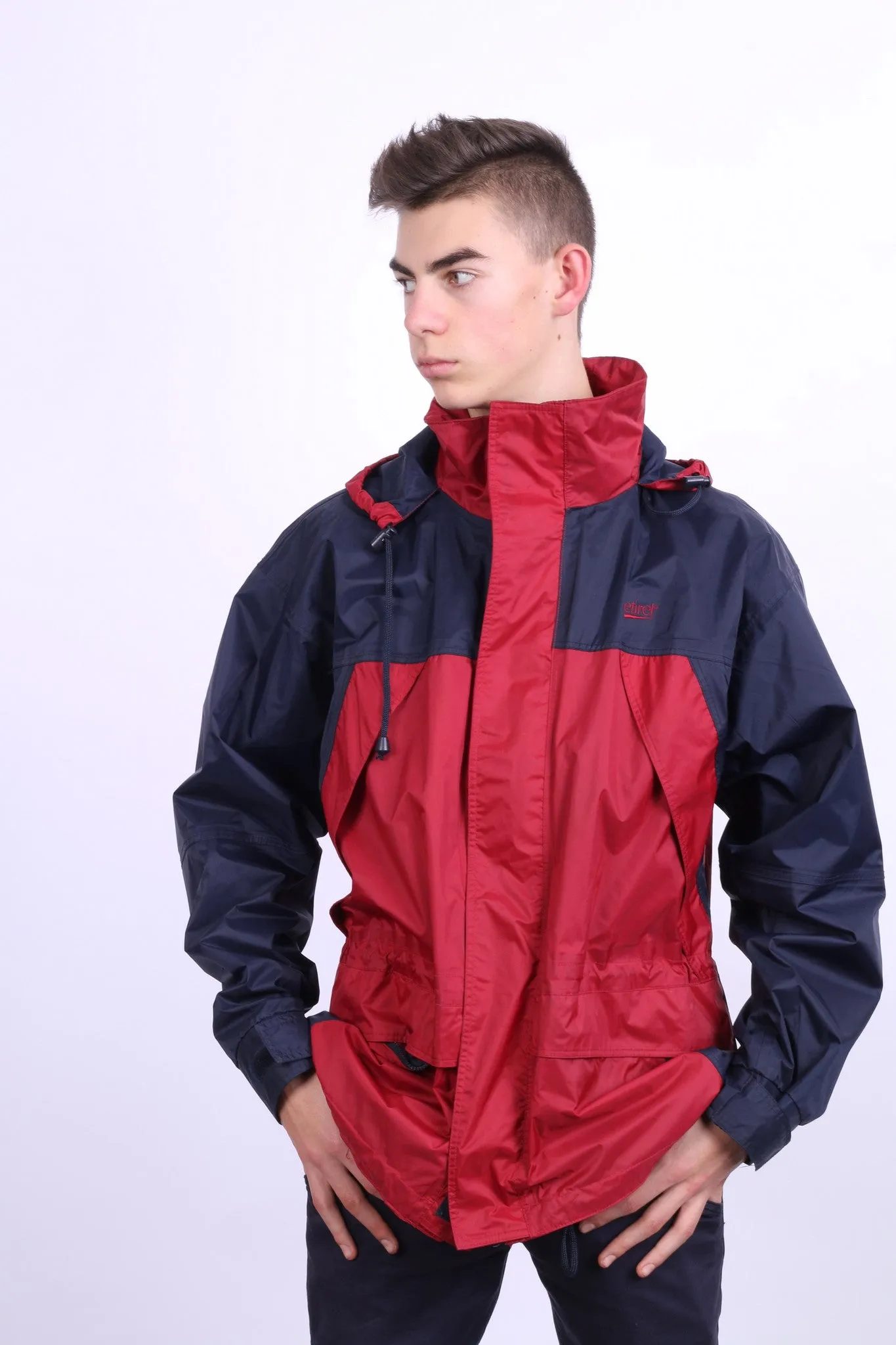 Etirel Mens M Jacket Parka Hood Red Waterproof Nylon Navy Blue Vintage Track Top