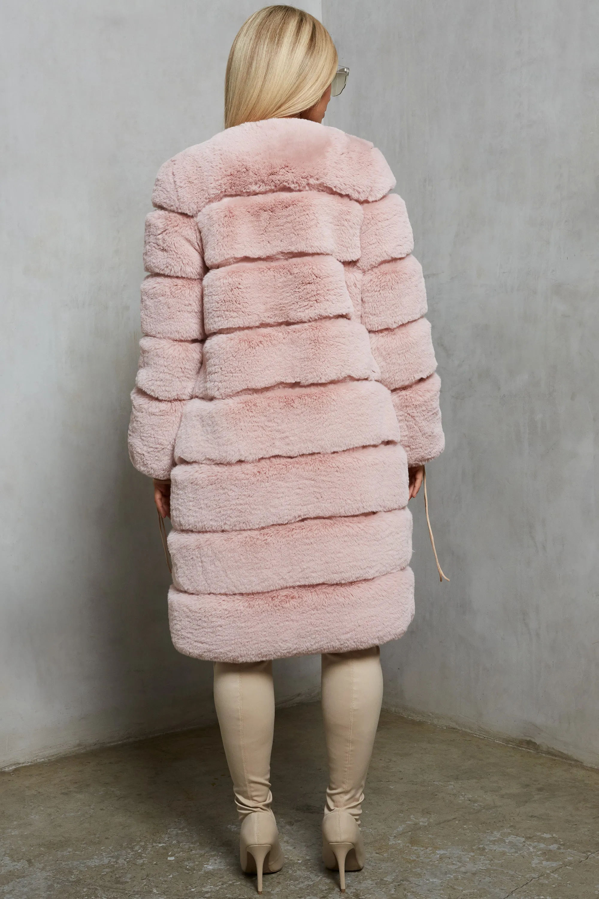 Executive Longline Panel Faux Fur Coat in Blush