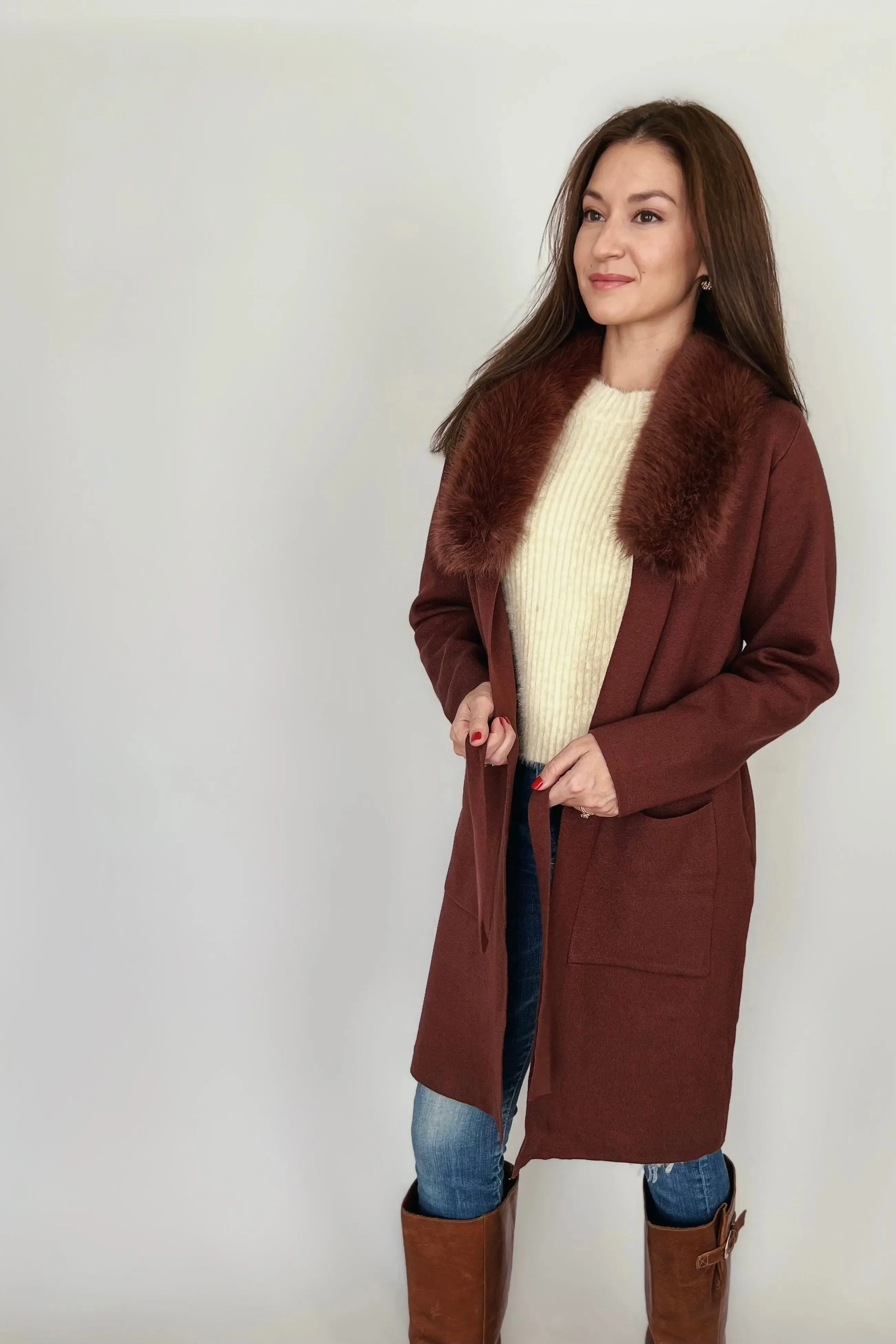 Faux Fur Collar Chocolate Sweater Coat