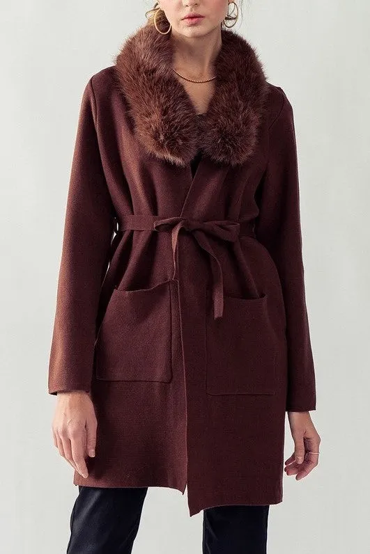 Faux Fur Collar Chocolate Sweater Coat