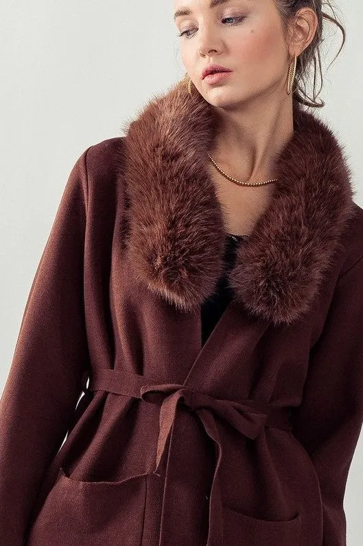 Faux Fur Collar Chocolate Sweater Coat