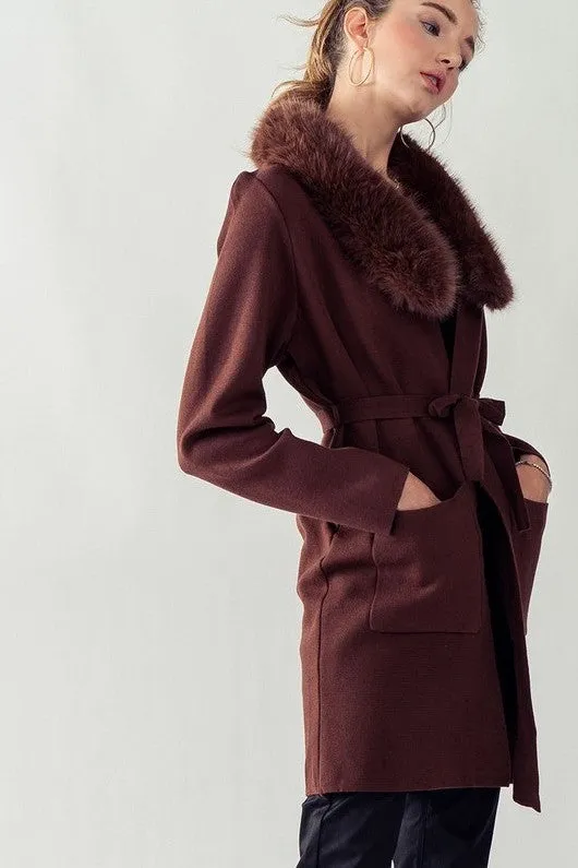 Faux Fur Collar Chocolate Sweater Coat