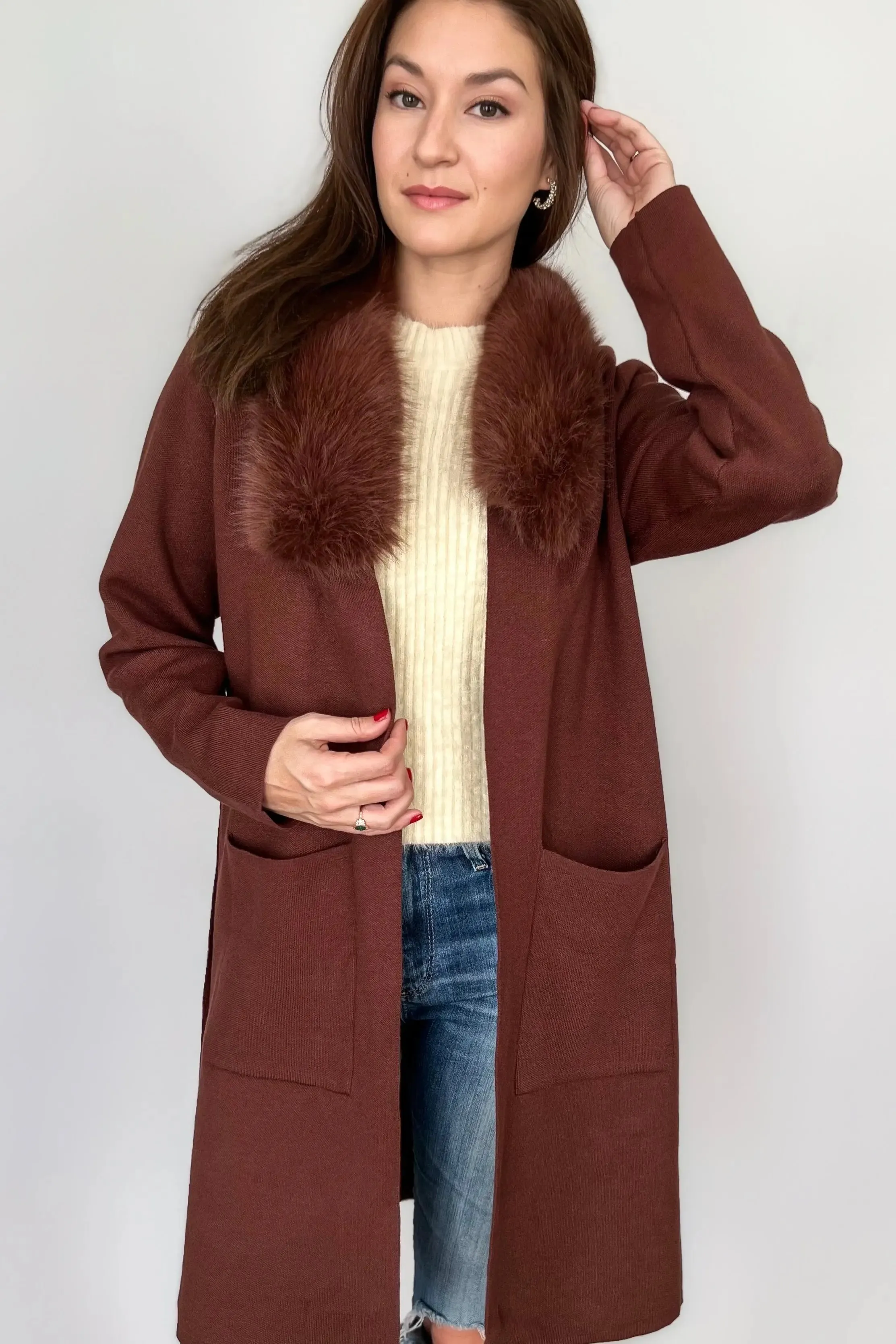 Faux Fur Collar Chocolate Sweater Coat