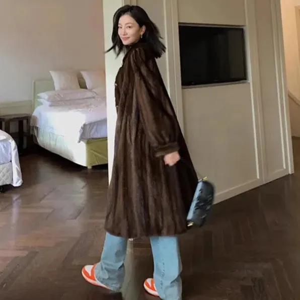 Fei Vintage Brown Faux Mink Fur Coat