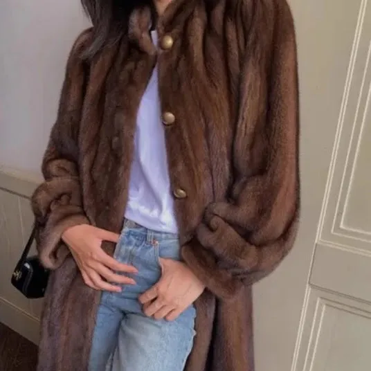 Fei Vintage Brown Faux Mink Fur Coat