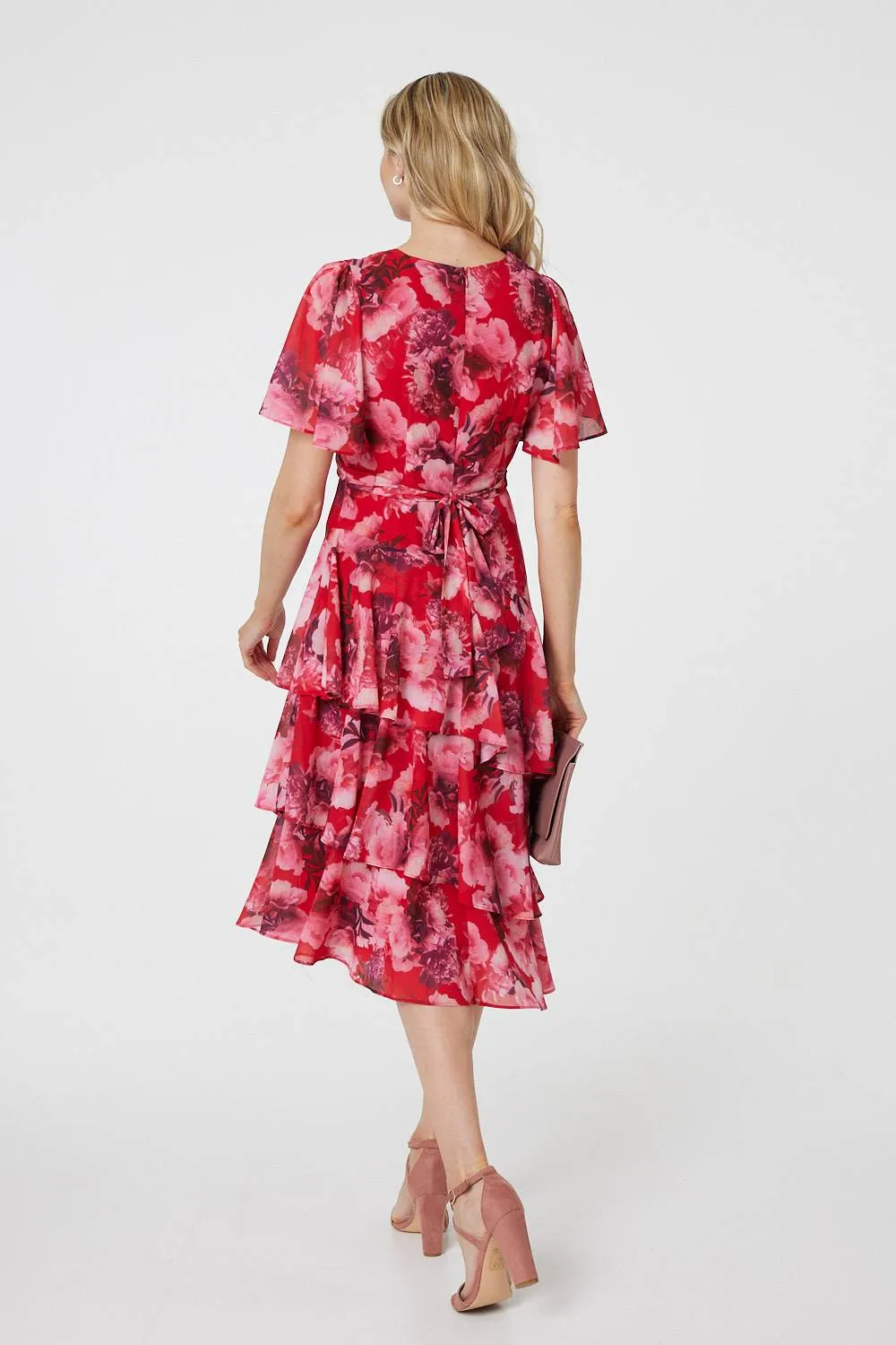 Floral Asymmetric Ruffled Midi Dress