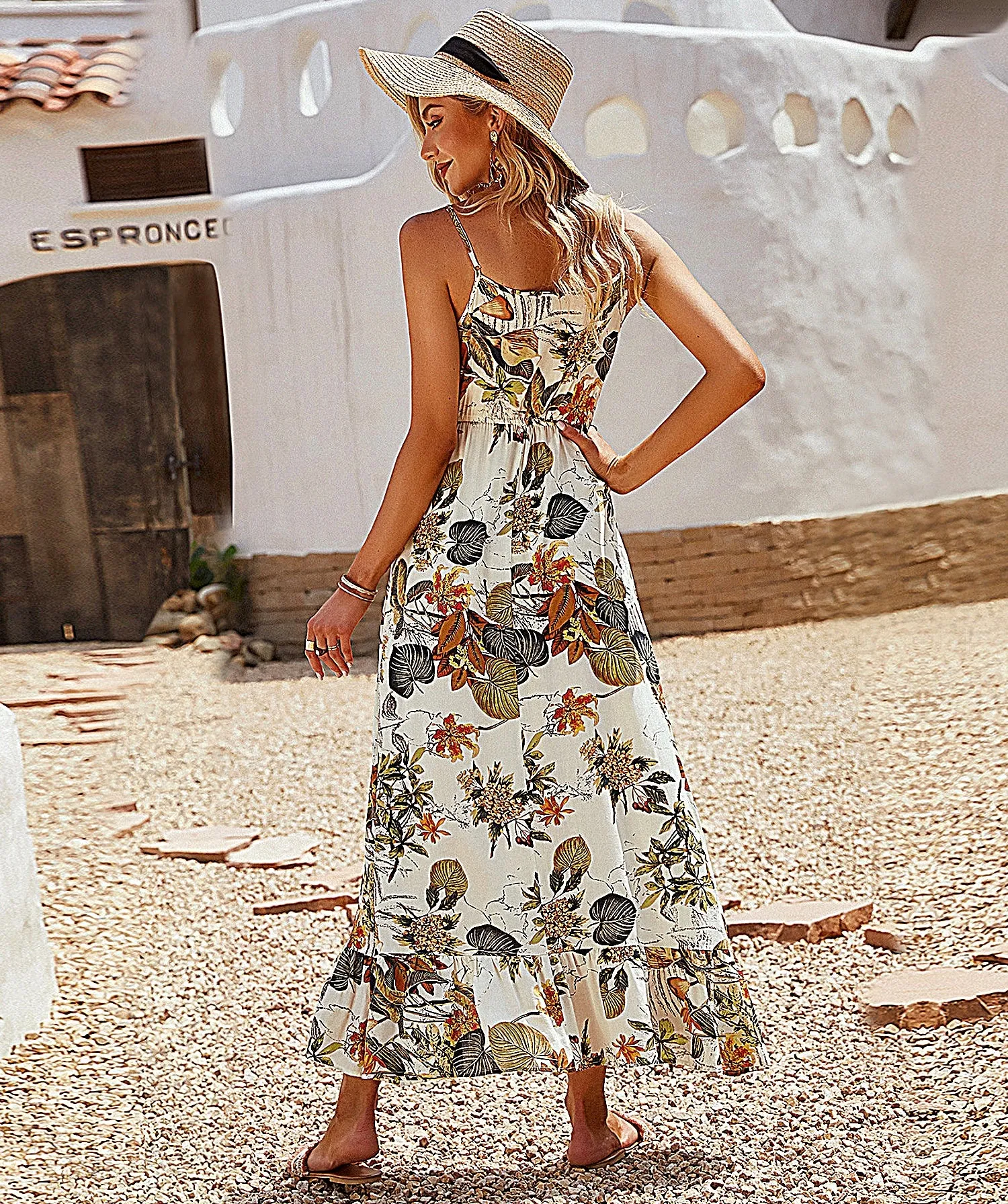 Floral Leaf Print long Maxi Dress