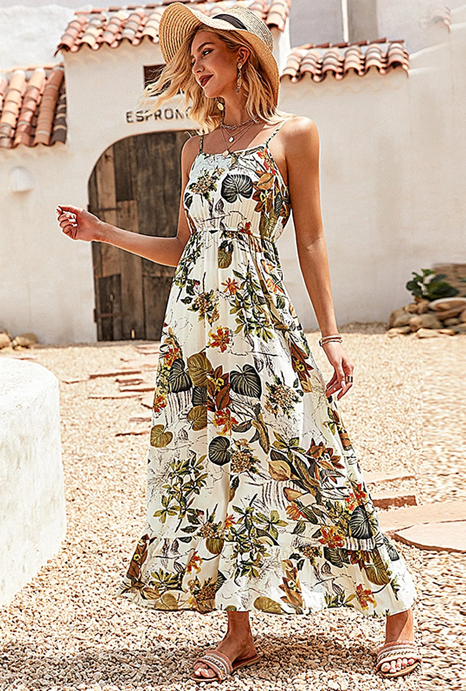 Floral Leaf Print long Maxi Dress