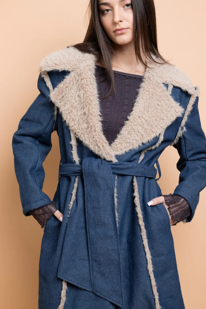 Fur Trimmed Denim Trench Coat