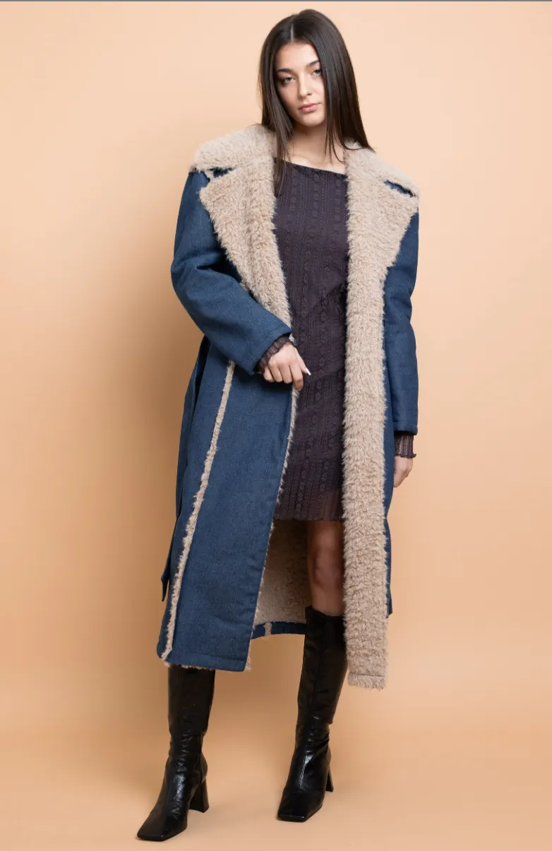 Fur Trimmed Denim Trench Coat