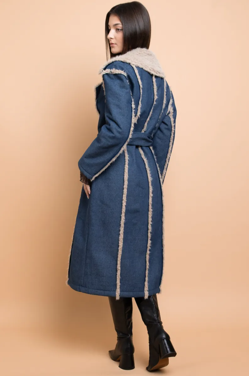 Fur Trimmed Denim Trench Coat