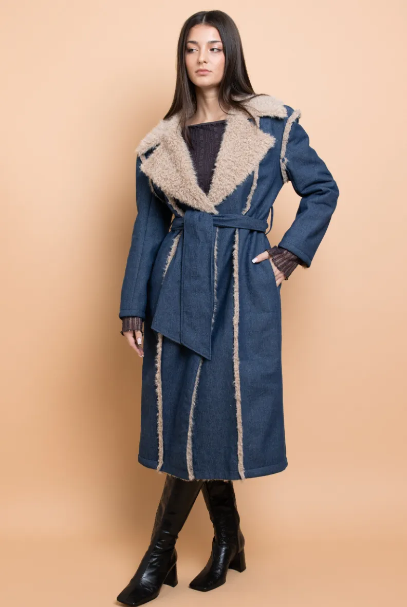 Fur Trimmed Denim Trench Coat