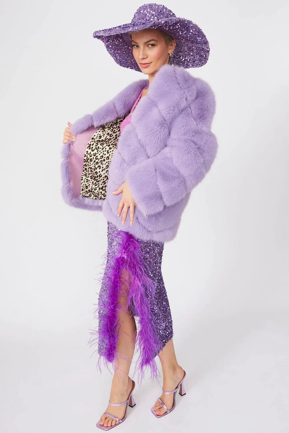 Gaga Faux Fur Striped Lilac Coat