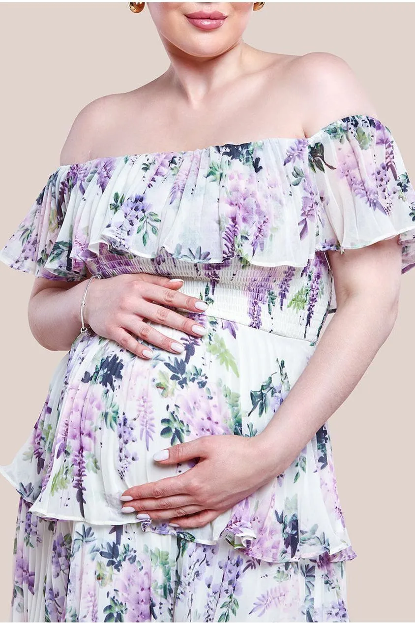 Goddiva Maternity Shirred Chiffon Floral Bardot Midi Dress - Multi