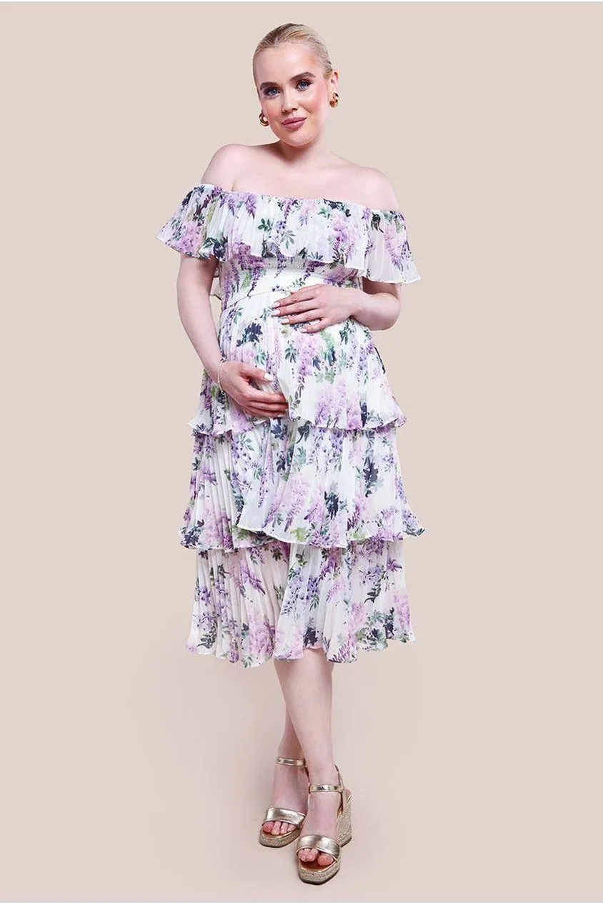 Goddiva Maternity Shirred Chiffon Floral Bardot Midi Dress - Multi