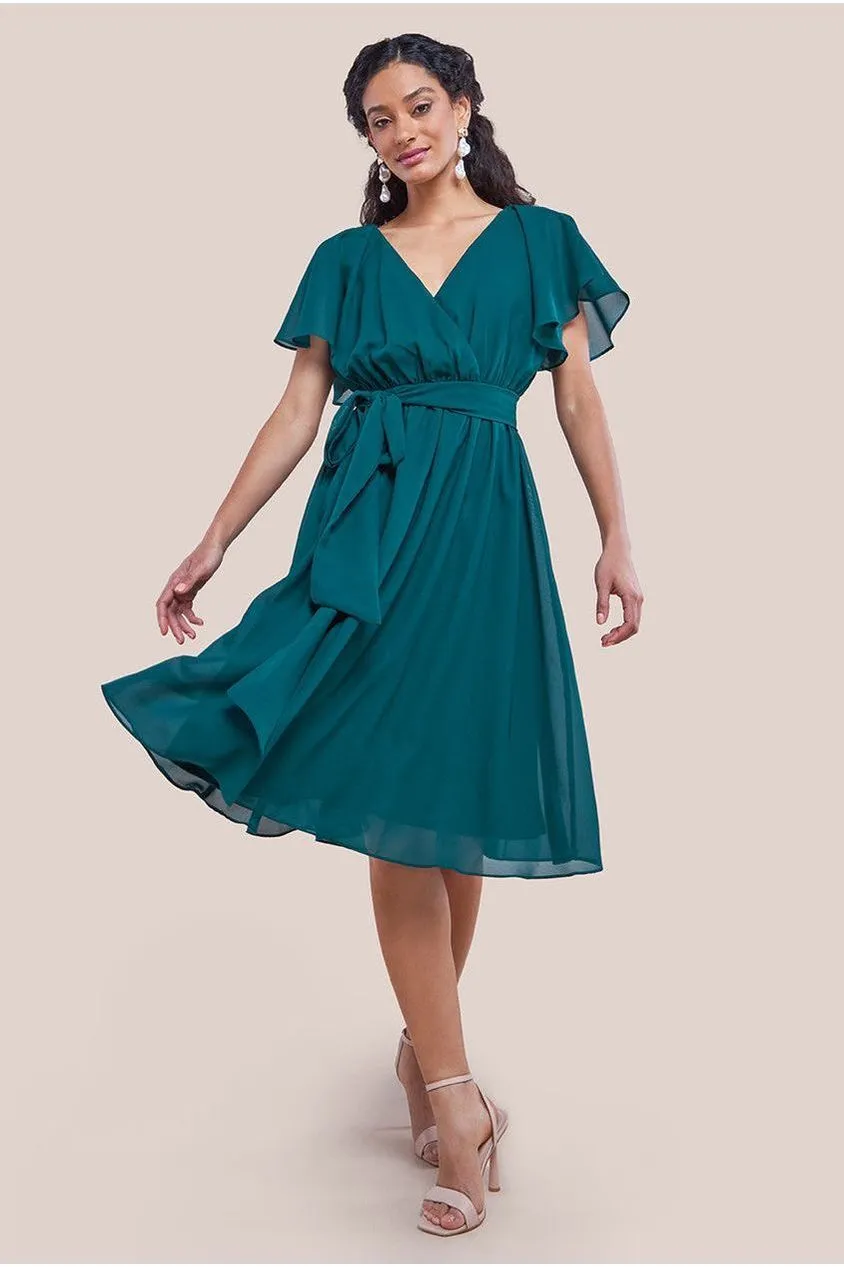 Goddiva Sustainable Flutter Sleeve Chiffon Wrap Midi Dress - Green