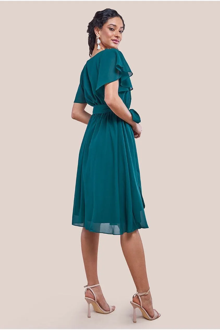 Goddiva Sustainable Flutter Sleeve Chiffon Wrap Midi Dress - Green