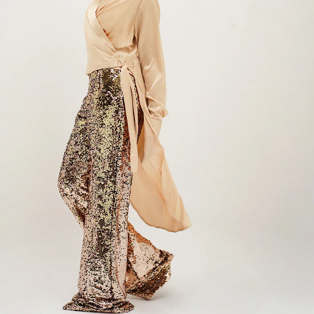 Golden sequined wide leg pants