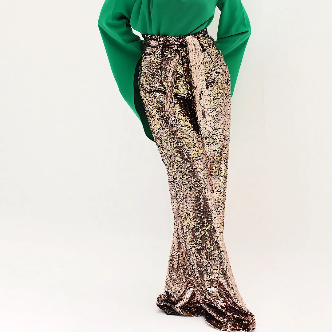 Golden sequined wide leg pants