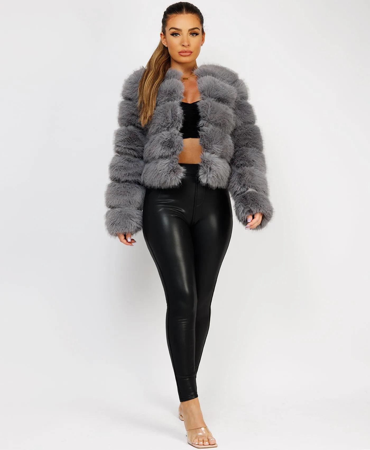 Grey Faux Fur Tiered Panel Premium Coat Jacket