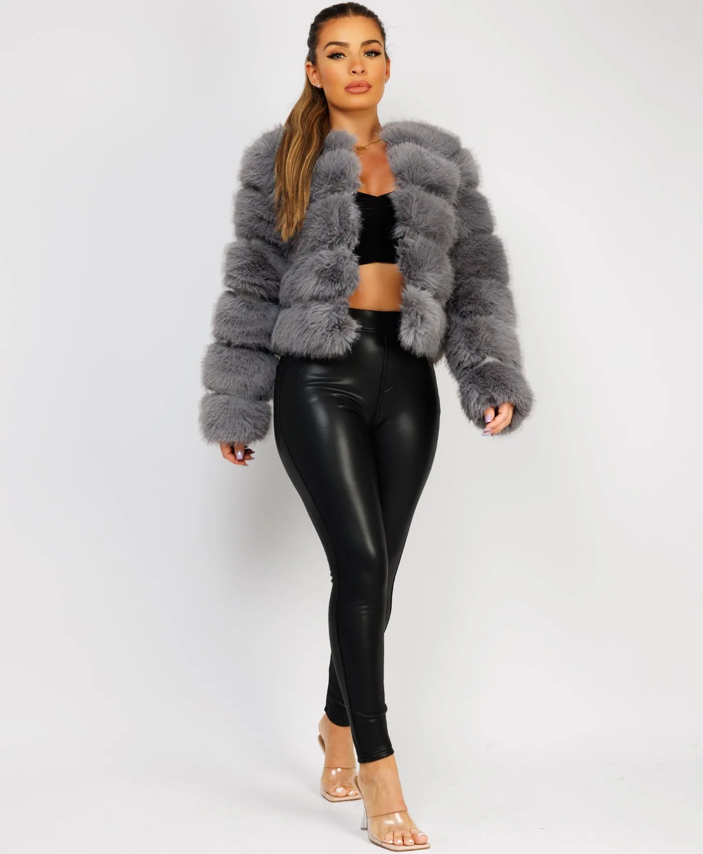 Grey Faux Fur Tiered Panel Premium Coat Jacket